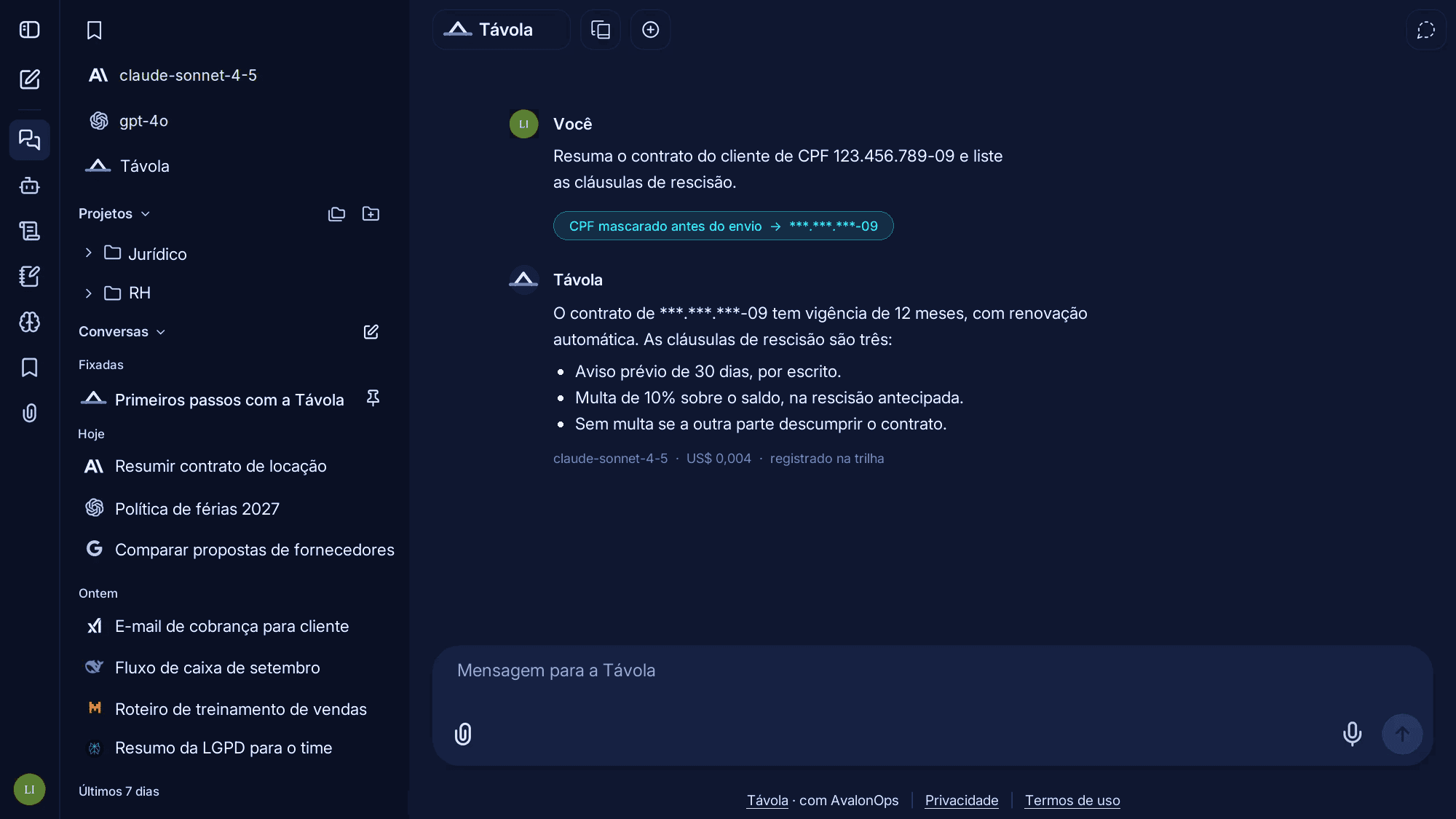 Conversa no Enterprise Chat: o CPF é mascarado antes de ir ao modelo e a resposta mostra o custo